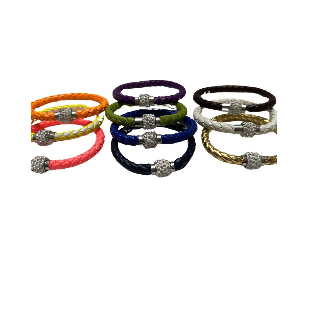 Braided Leather Bracelet Rhinestones Stainless Steel‎ Magnetic Locking Clasp